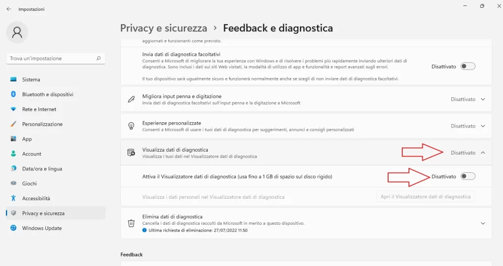 visualizza dati di diagnostica
