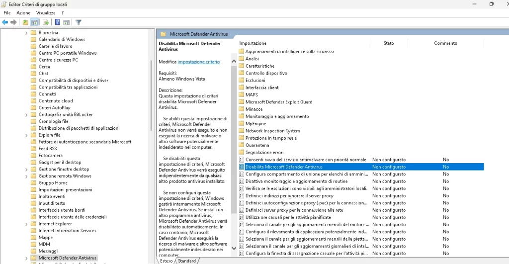 microsoft defender antivirus disabilita