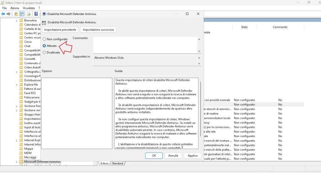 microsoft defender antivirus disattivazione abilitata