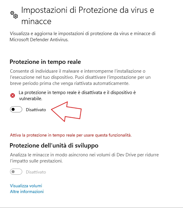 protezione da virus e minacce in tempo reale disattivato